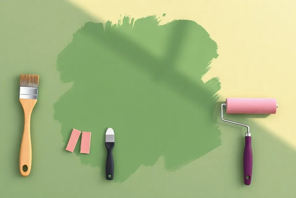 Outils de peinture disposés dans l'ordre des étapes du chantier