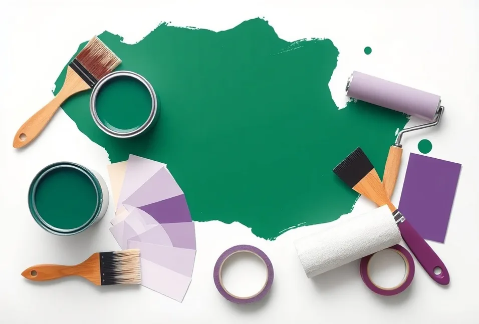 Pots de peinture, nuancier, brosses et rouleaux disposés à plat