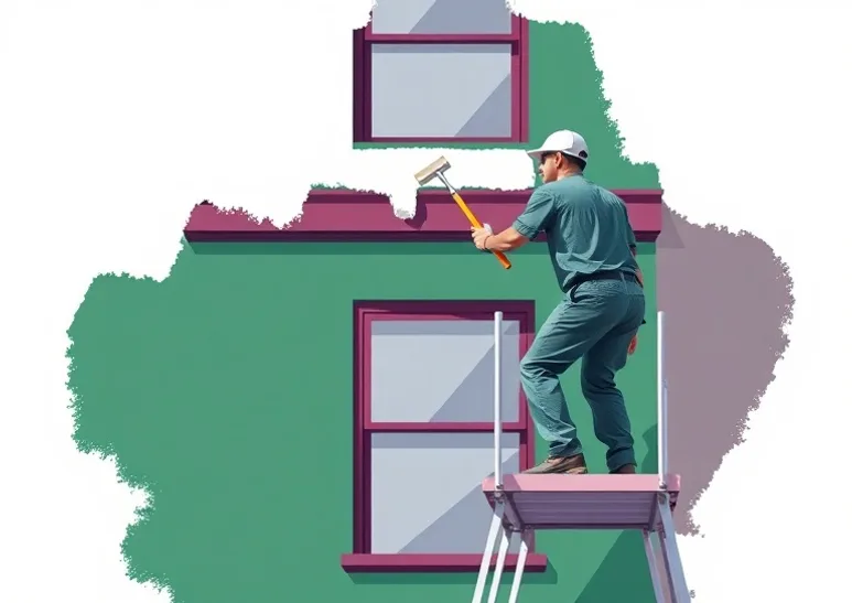 Peintre sur échafaudage traitant la façade d'une maison