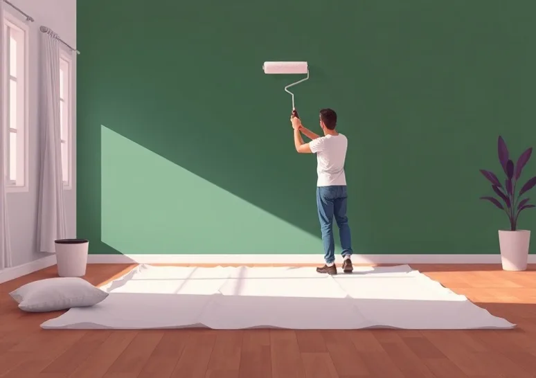 Peintre appliquant la peinture au rouleau sur un mur de salon